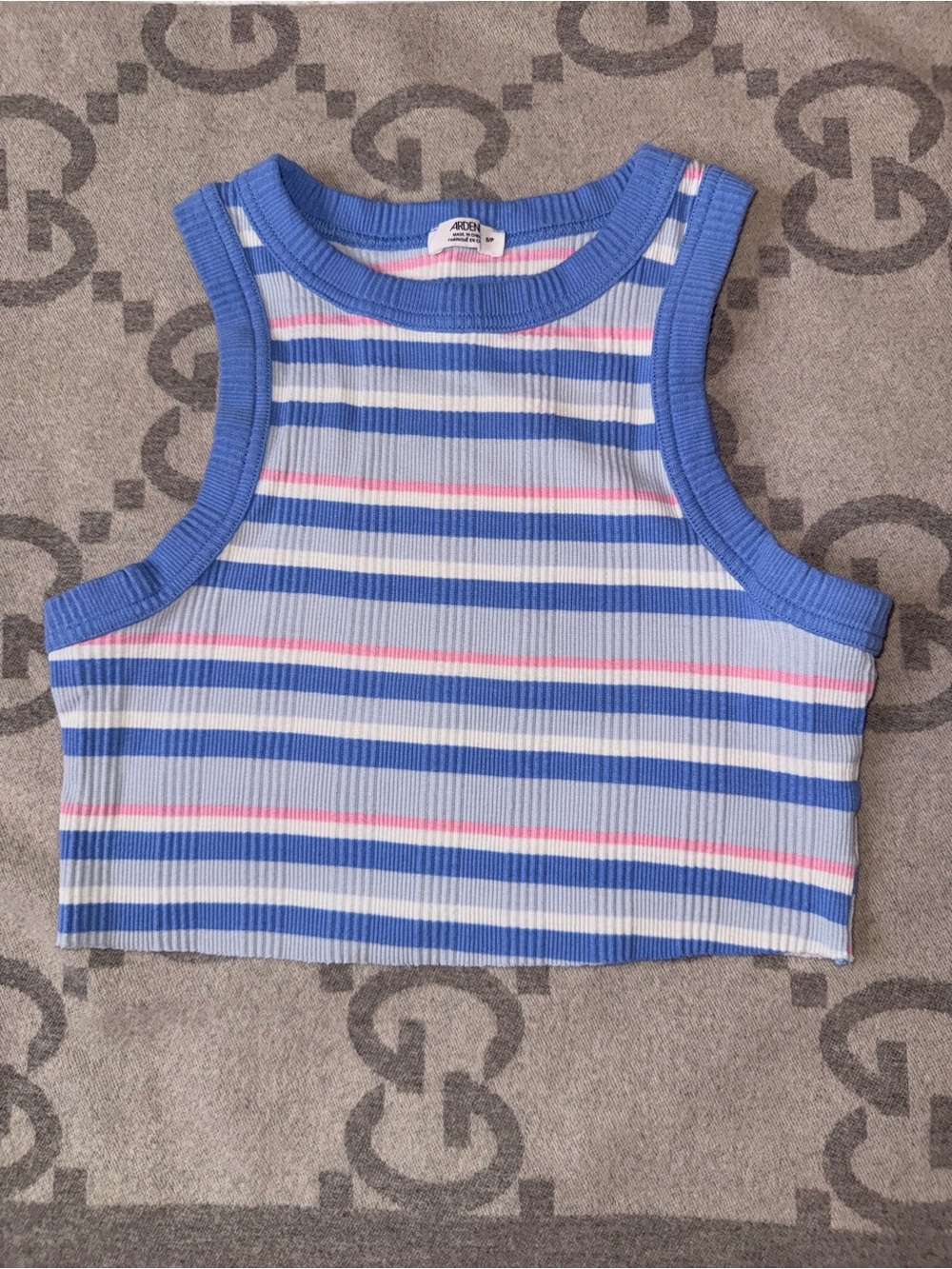 Ardene Cotton Blue and Pink Striped Ribbed Crop Tank Top - Picture 2 of 7